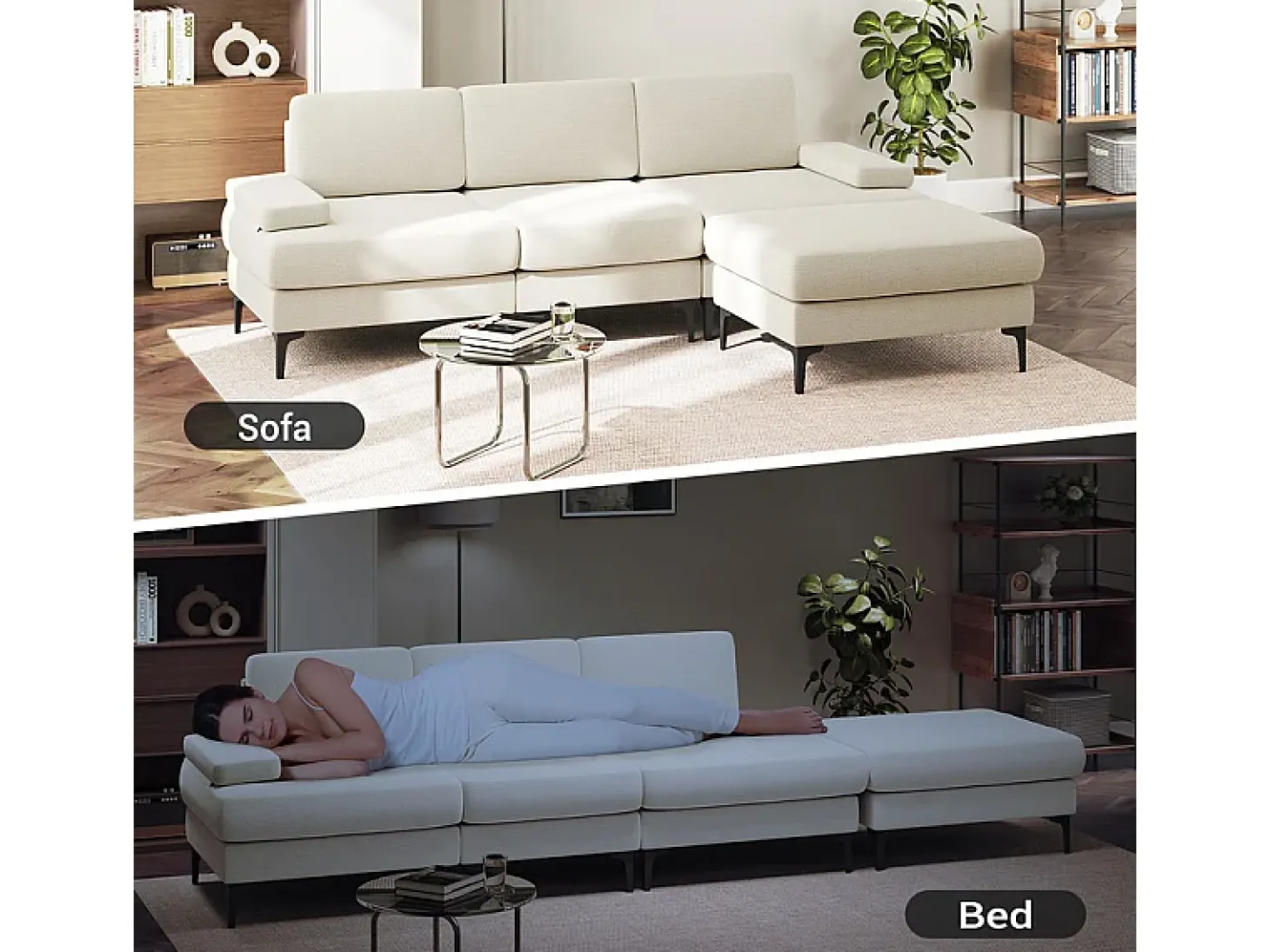 Sofá Esquinero 3 Plazas en Chenilla - con Puff - Carga Máx. 650kg - 244x146x83cm - Beige