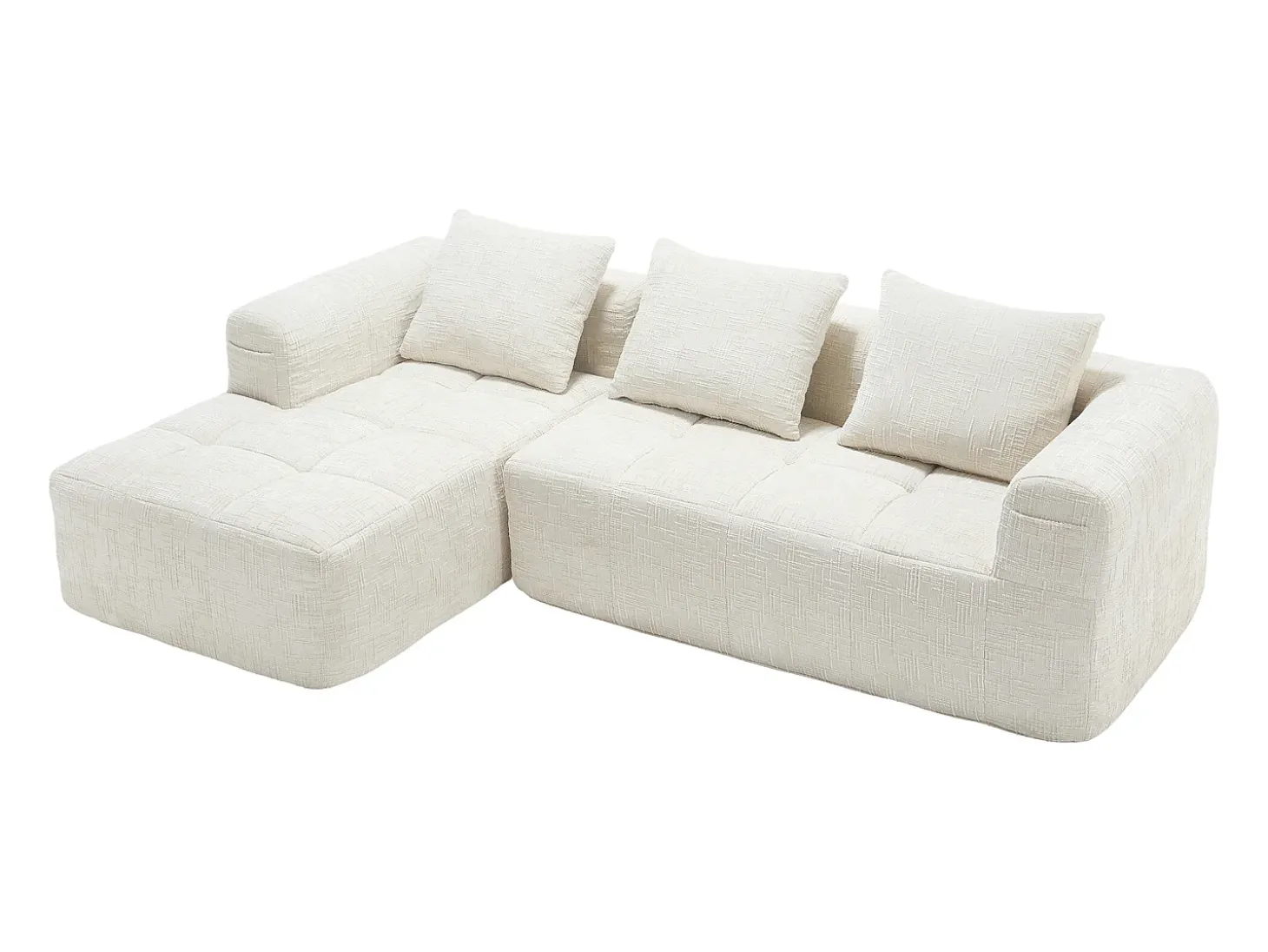 Sofá esquinero beige - Sofá recto con bolsillos de almacenamiento y 3 cojines - con chaise longue y reposabrazos