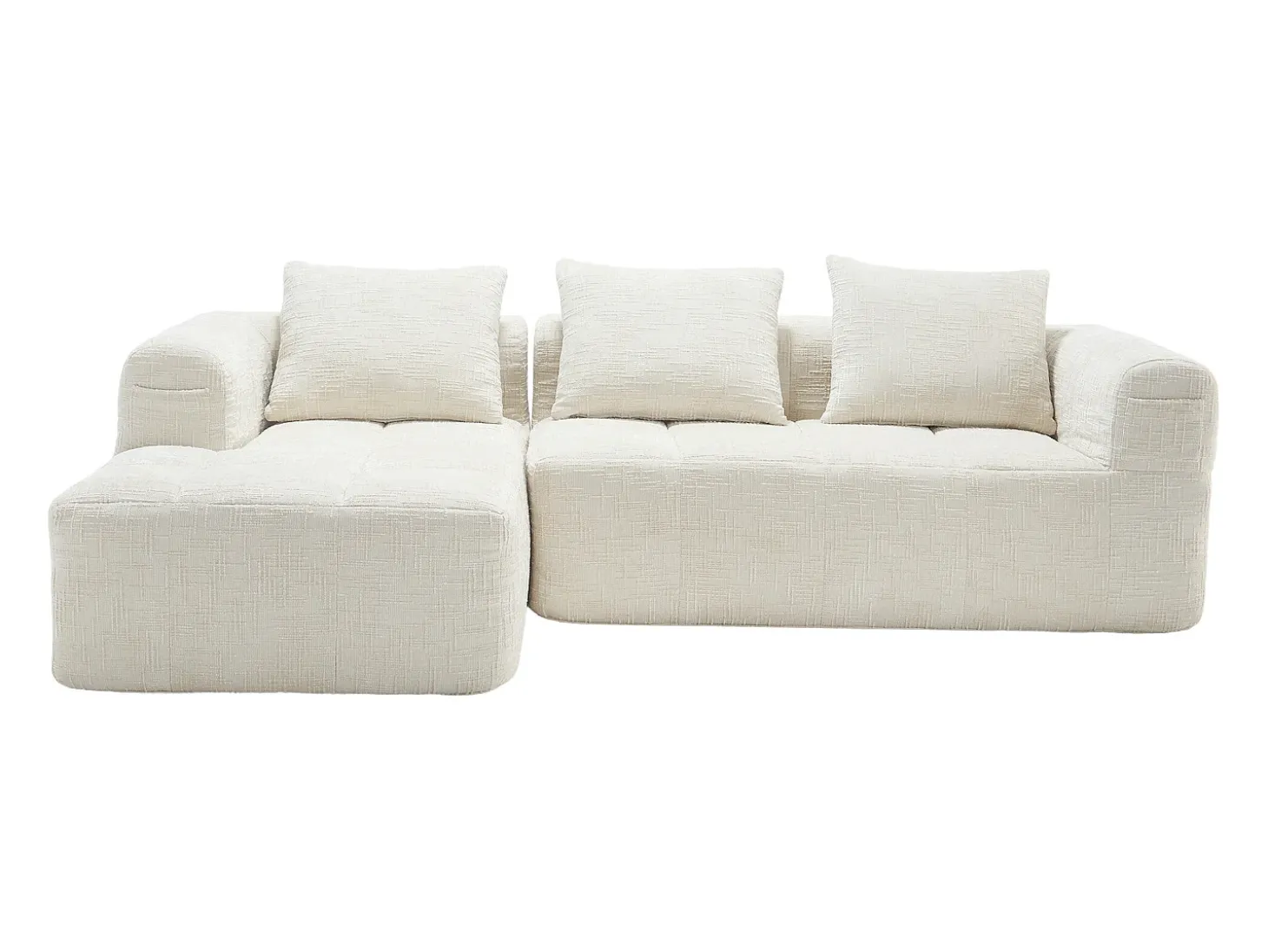 Sofá esquinero beige - Sofá recto con bolsillos de almacenamiento y 3 cojines - con chaise longue y reposabrazos