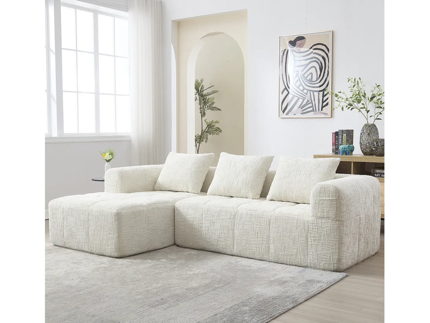 Sofá esquinero beige - Sofá recto con bolsillos de almacenamiento y 3 cojines - con chaise longue y reposabrazos