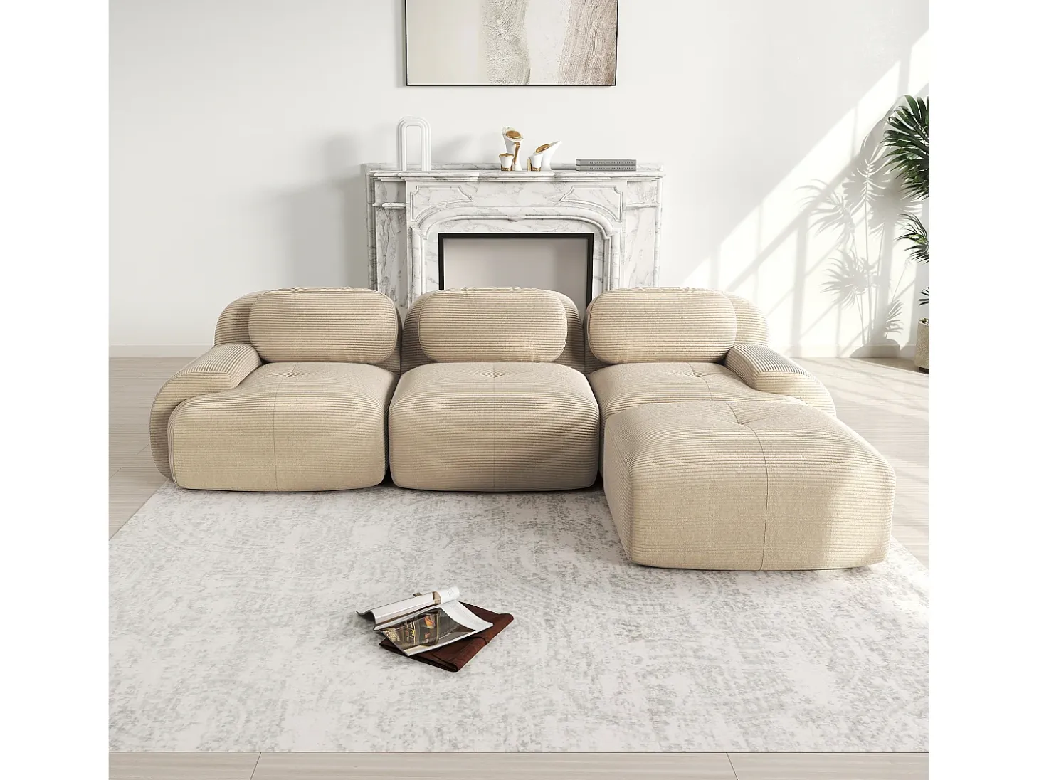 Sofá esquinero beige - Sofá de 3 plazas con reposabrazos curvos y cojines decorativos - pana