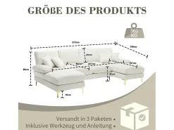 Sofá esquinero beige - Sofá de 4 plazas con asientos y cojines - para salón y dormitorio
