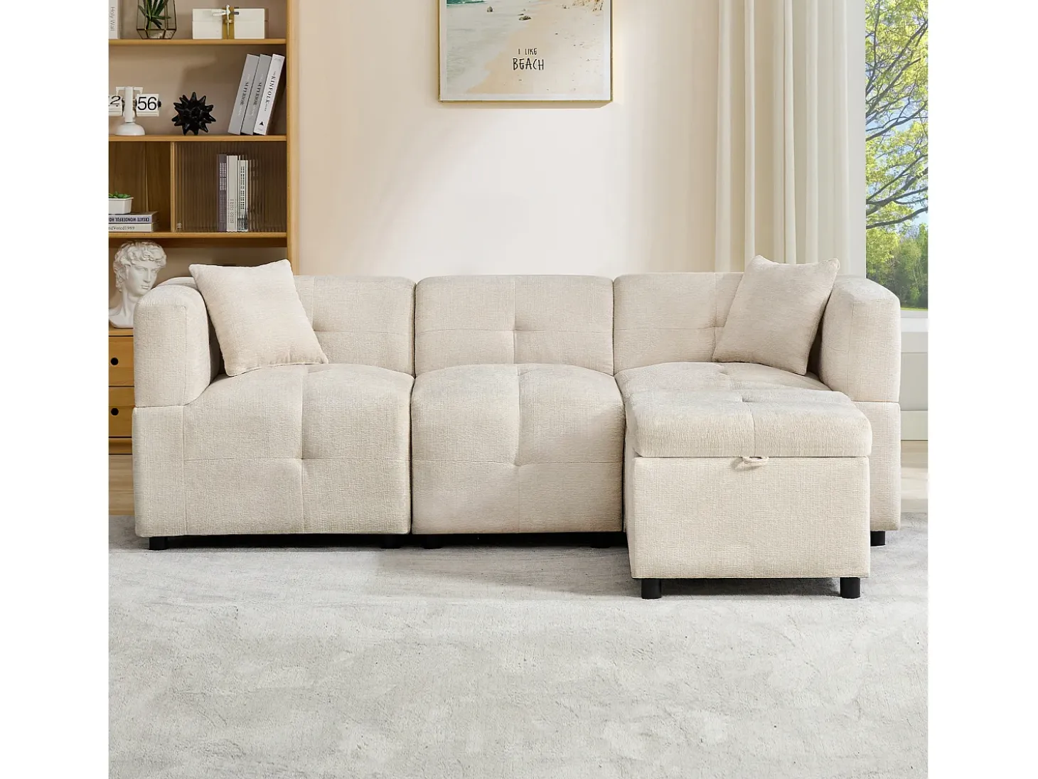 Sofá esquinero con otomana de almacenaje - Chenilla beige - respaldo ergonómico acolchado, para salón u oficina
