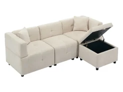 Sofá esquinero con otomana de almacenaje - Chenilla beige - respaldo ergonómico acolchado, para salón u oficina