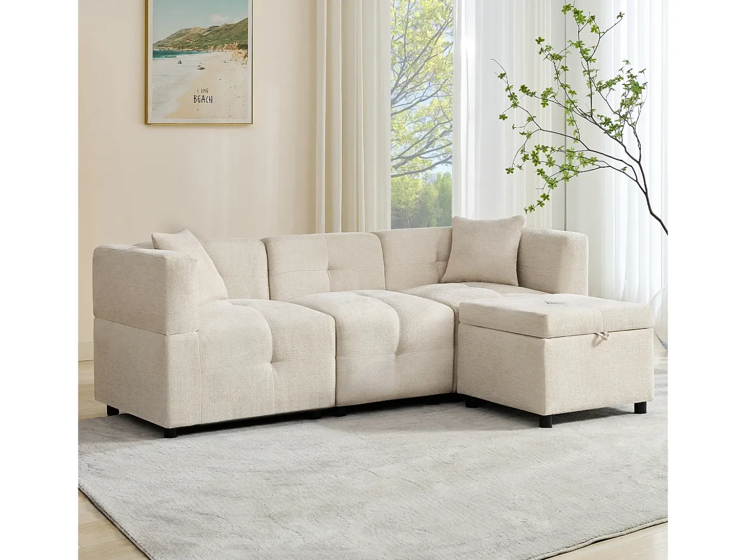 Sofá esquinero con otomana de almacenaje - Chenilla beige - respaldo ergonómico acolchado, para salón u oficina