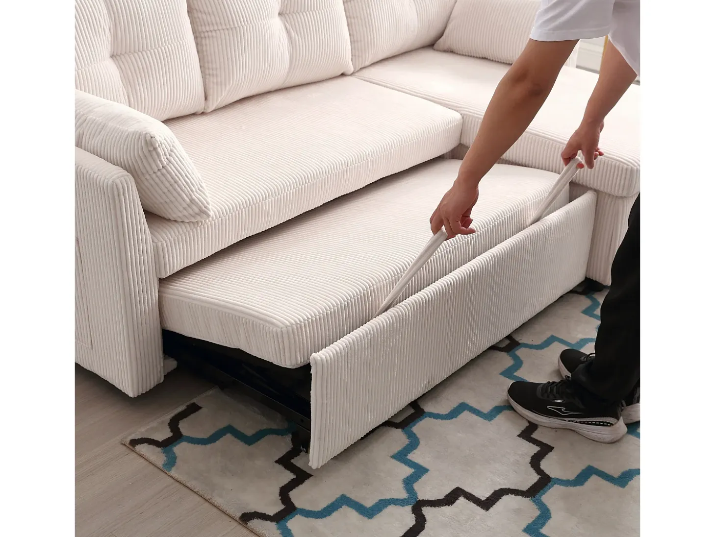 Sofá esquinero convertible de felpa beige con espacio de almacenamiento y chaise longue extraíble - para sala de estar o estudio