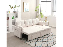 Sofá esquinero convertible de felpa beige con espacio de almacenamiento y chaise longue extraíble - para sala de estar o estudio