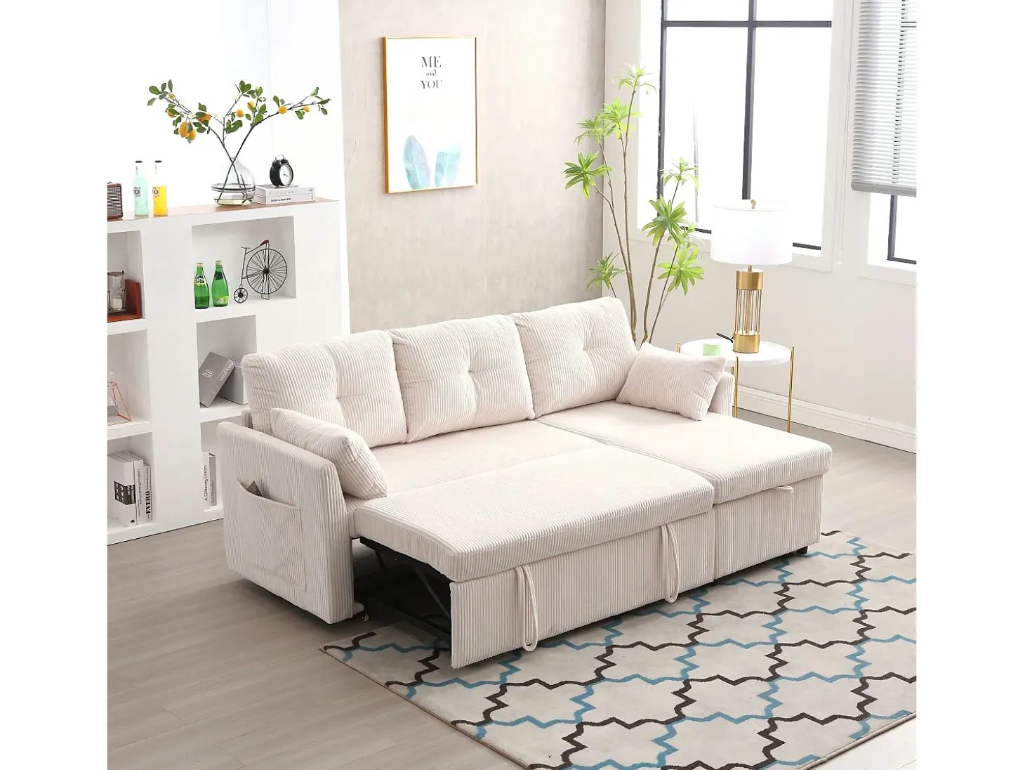 Sofá esquinero convertible de felpa beige con espacio de almacenamiento y chaise longue extraíble - para sala de estar o estudio