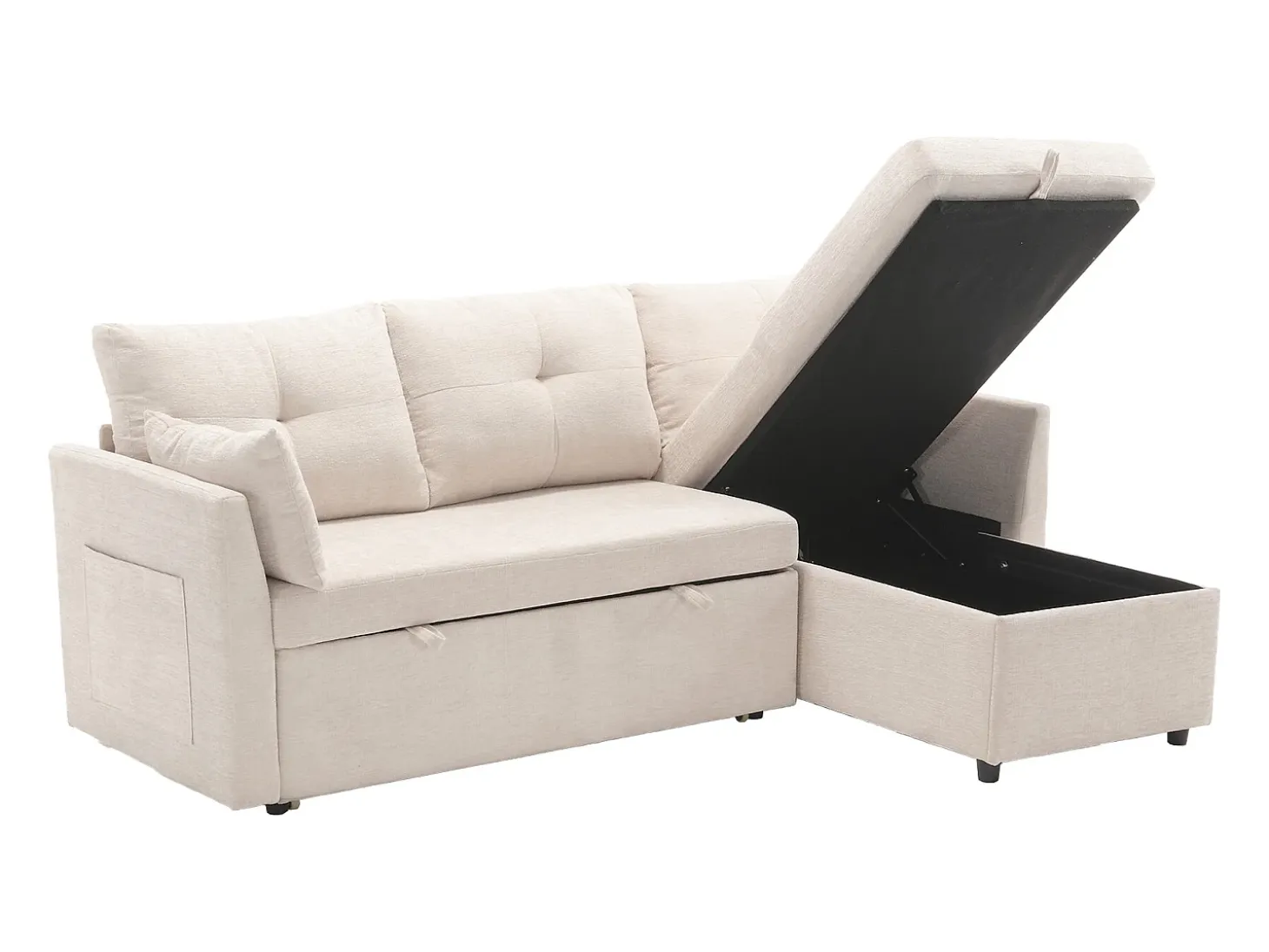 Sofá esquinero convertible de felpa beige con espacio de almacenamiento y chaise longue extraíble - para sala de estar o estudio