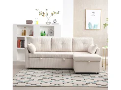 Sofá esquinero convertible de felpa beige con espacio de almacenamiento y chaise longue extraíble - para sala de estar o estudio