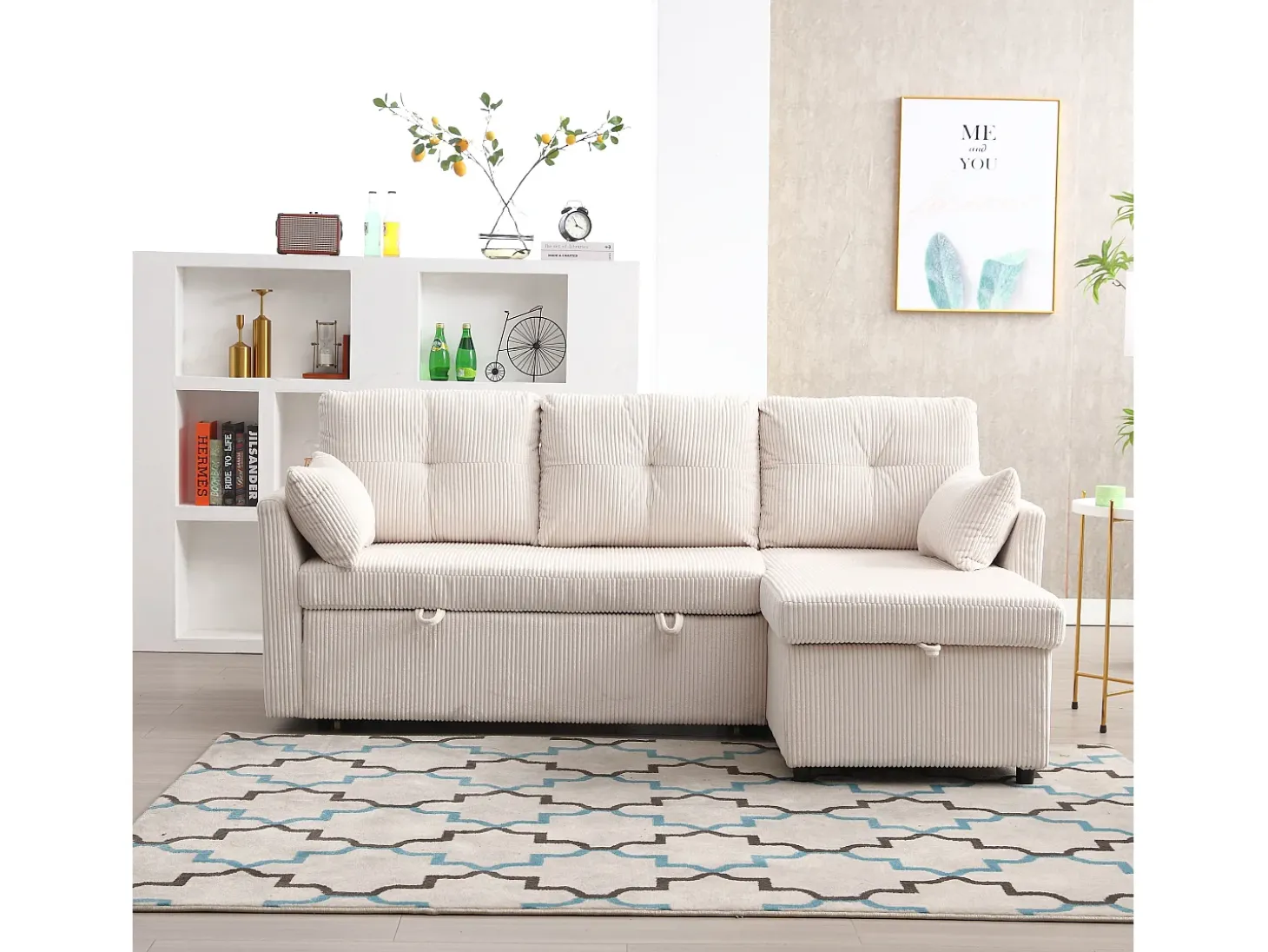 Sofá esquinero convertible de felpa beige con espacio de almacenamiento y chaise longue extraíble - para sala de estar o estudio