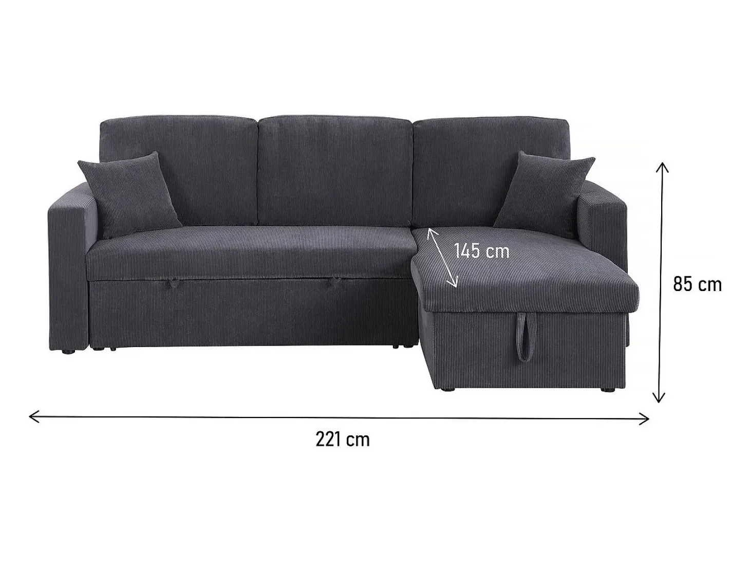 Sofá esquinero convertible de pana - 3 asientos - Gris