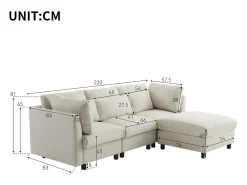 Sofá esquinero de 3 o 4 plazas, tapizado en forma de L, tejido de lino, 220 x 83 x 81 cm, color beige
