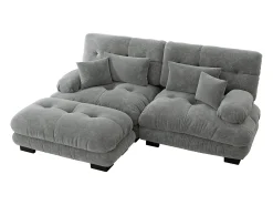 Sofá esquinero de 2 plazas con reposabrazos acolchados y taburete - chenilla gris