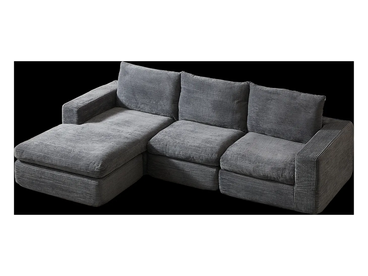 Sofá esquinero de 3 plazas con chaise longue y 3 cojines - Pana gris oscuro