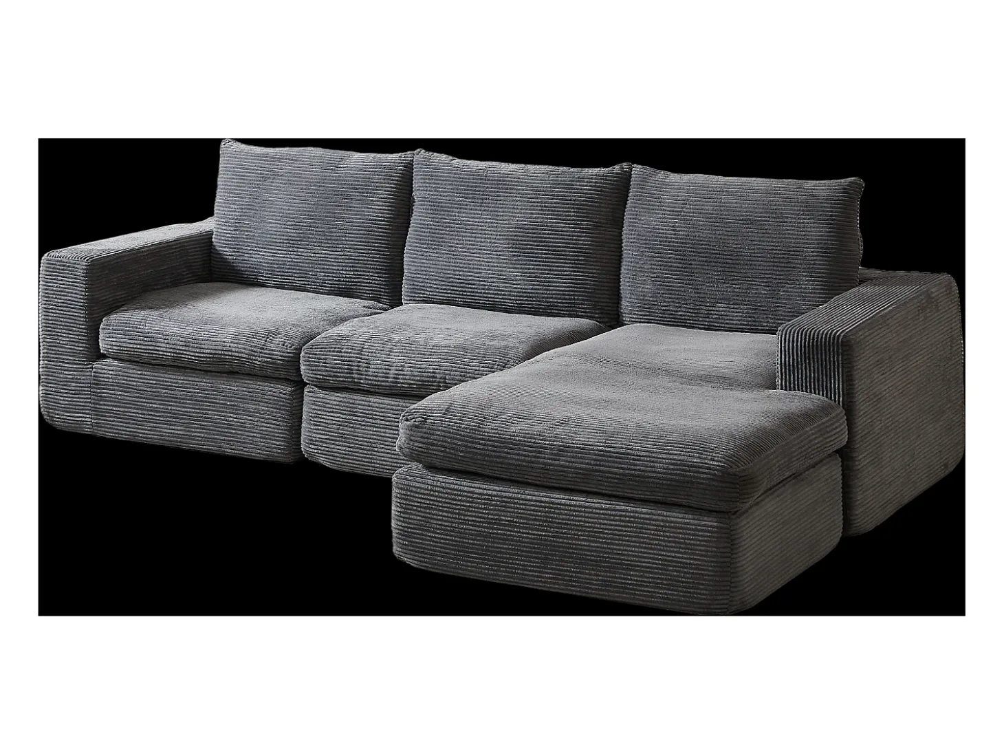 Sofá esquinero de 3 plazas con chaise longue y 3 cojines - Pana gris oscuro