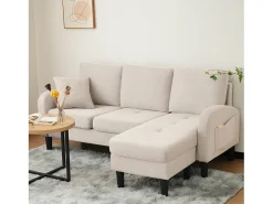 Sofá esquinero de 3 plazas con chaise longue - 185 x 118 x 82 cm - tejido transpirable de algodón y lino - Beige