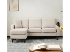 Sofá esquinero de 3 plazas con chaise longue - 185 x 118 x 82 cm - tejido transpirable de algodón y lino - Beige