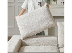 Sofá esquinero de 3 plazas con chaise longue y 3 cojines - Tejido chenilla beige