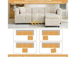 Sofá esquinero de 3 plazas - 204 x 126 x 69 cm - con almacenaje + reposapiés extraíble + 2 cojines - Chenilla - blanco