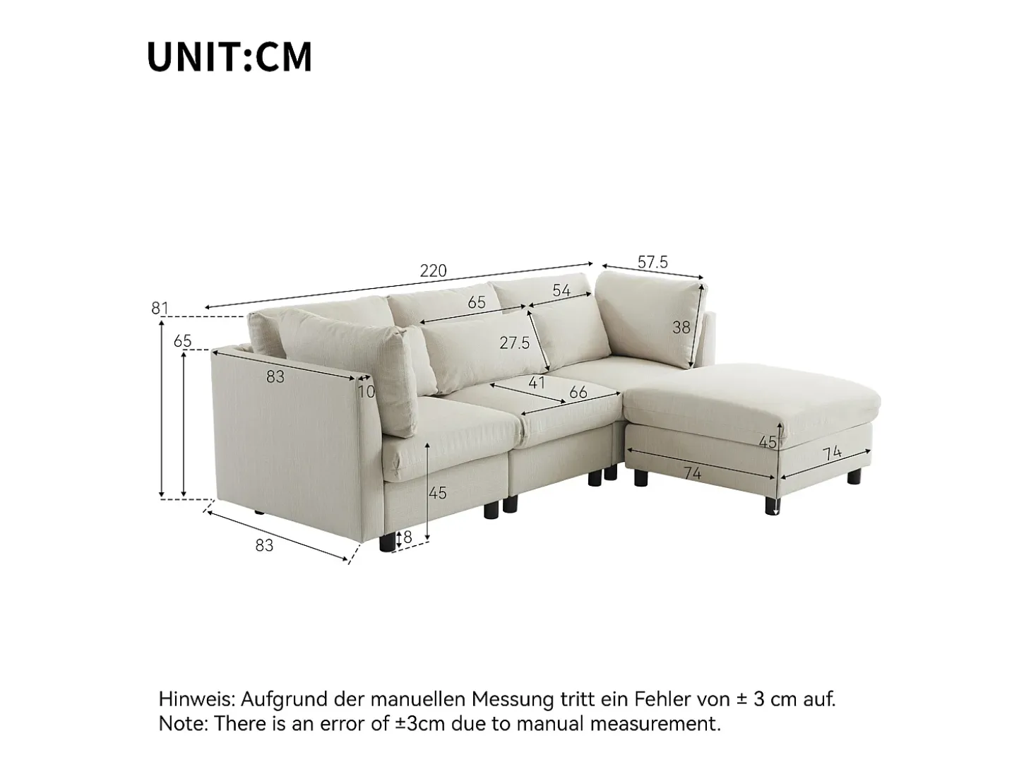 Sofá esquinero de 3 plazas con reposapiés - tejido de lino - muebles de salón - sofá moderno en beige