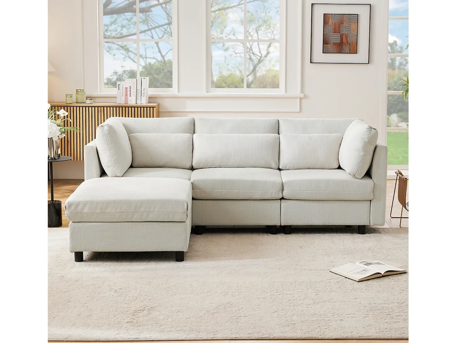 Sofá esquinero de 3 plazas con reposapiés - tejido de lino - muebles de salón - sofá moderno en beige