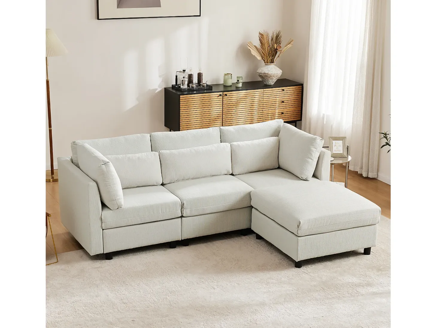 Sofá esquinero de 3 plazas con reposapiés - tejido de lino - muebles de salón - sofá moderno en beige