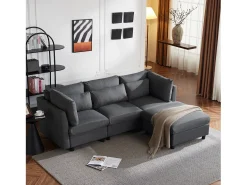Sofá esquinero derecho convertible con reposapiés - Tela de lino - 220 x 83 x 81 cm - Gris