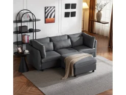 Sofá esquinero derecho convertible con reposapiés - Tela de lino - 220 x 83 x 81 cm - Gris