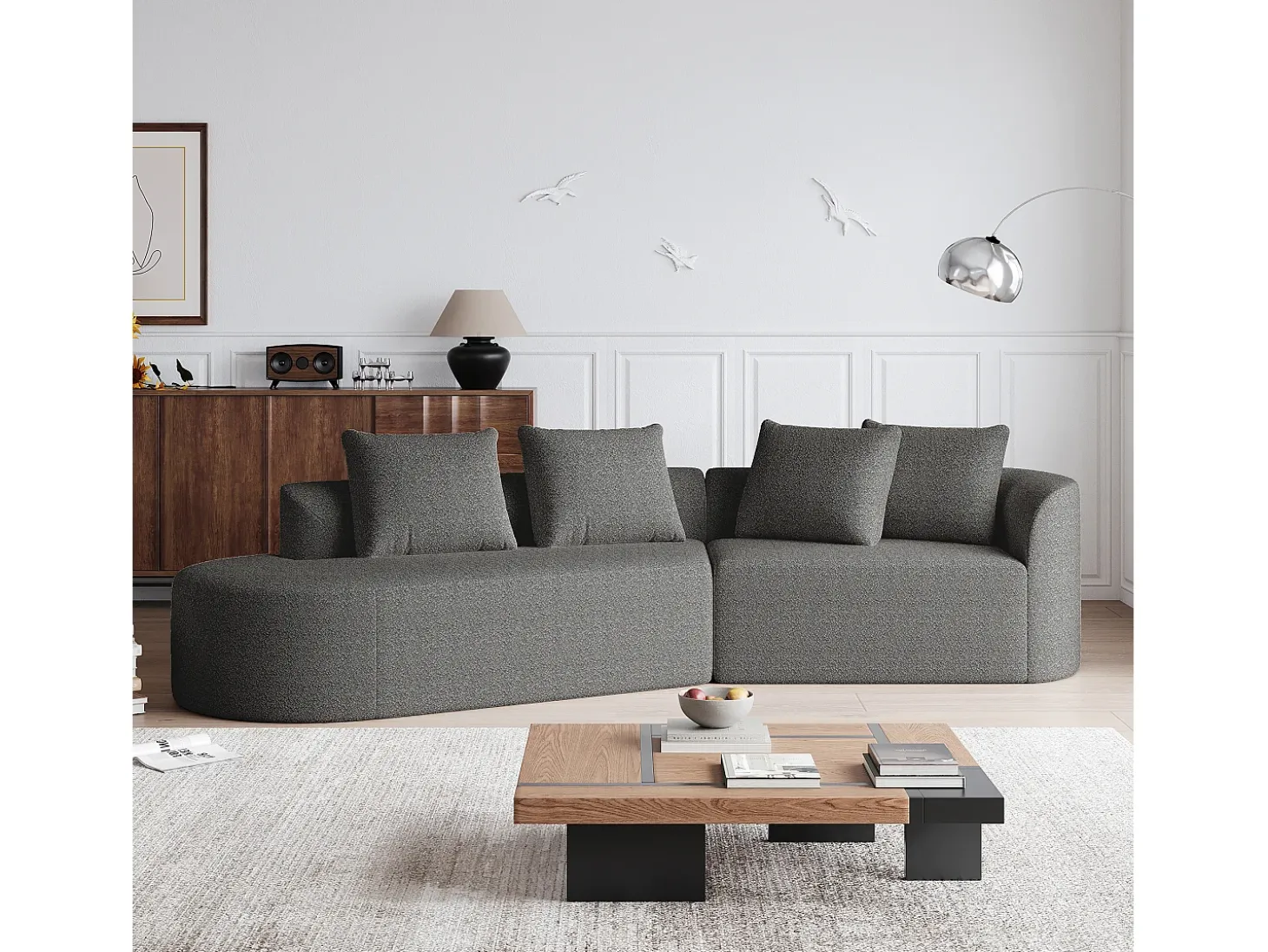Sofá esquinero gris oscuro - Sofá de 4 plazas con 4 cojines decorativos y respaldo - chenilla