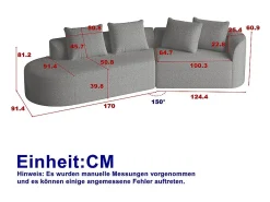Sofá Esquinero Izquierdo Moderno Súper Grande 4 Plazas, con 4 Cojines, Chaise Longue Curva, Tejido Chenilla, Gris Claro