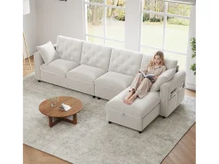 Sofá esquinero moderno de 4 plazas con almacenaje - reposabrazos laterales con bolsillos - 281 x 132 x 86 cm - terciopelo - Beige