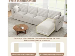 Sofá esquinero moderno de 4 plazas con almacenaje - reposabrazos laterales con bolsillos - 281 x 132 x 86 cm - terciopelo - Beige