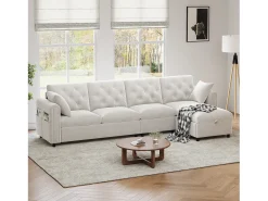 Sofá esquinero moderno de 4 plazas con almacenaje - reposabrazos laterales con bolsillos - 281 x 132 x 86 cm - terciopelo - Beige