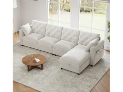 Sofá esquinero moderno de 4 plazas con almacenaje - reposabrazos laterales con bolsillos - 281 x 132 x 86 cm - terciopelo - Beige