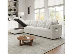 Sofá esquinero moderno de 4 plazas con almacenaje - reposabrazos laterales con bolsillos - 281 x 132 x 86 cm - terciopelo - Beige