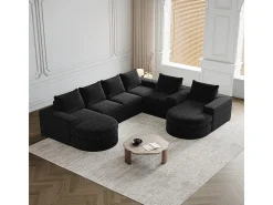 Sofá Esquinero Modular Reversible 6 Plazas, con 6 Cojines y Almohadas Cervicales, Tejido Chenilla, Salón DIY, Negro