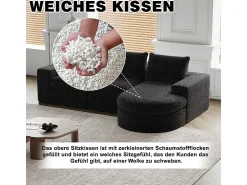 Sofá Esquinero Modular Reversible 6 Plazas, con 6 Cojines y Almohadas Cervicales, Tejido Chenilla, Salón DIY, Negro