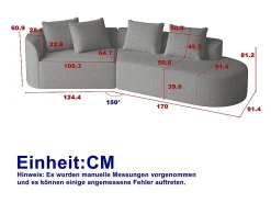 Sofá Esquinero Recto Moderno Súper Grande 4 Plazas, con 4 Cojines, Chaise Longue Curva, Tejido Chenilla, Gris Antracita