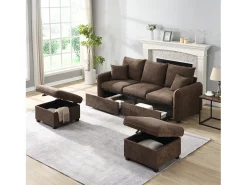 Sofá esquinero tapizado - 188 x 82 x 86 cm - 3 plazas - 2 reposapiés con almacenaje + 2 cajones - terciopelo - marrón
