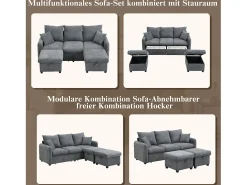 Sofá esquinero tapizado - 188 x 82 x 86 cm - 3 plazas - 2 reposapiés con almacenaje + 2 cajones - terciopelo - beige
