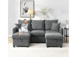 Sofá esquinero tapizado - 188 x 82 x 86 cm - 3 plazas - 2 reposapiés con almacenaje + 2 cajones - terciopelo - beige