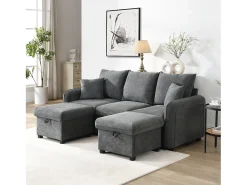 Sofá esquinero tapizado - 188 x 82 x 86 cm - 3 plazas - 2 reposapiés con almacenaje + 2 cajones - terciopelo - beige