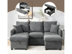Sofá esquinero tapizado - 188 x 82 x 86 cm - 3 plazas - 2 reposapiés con almacenaje + 2 cajones - terciopelo - beige