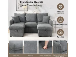 Sofá esquinero tapizado - 188 x 82 x 86 cm - 3 plazas - 2 reposapiés con almacenaje + 2 cajones - terciopelo - beige