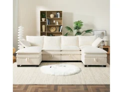 Sofá moderno - 4 plazas - Reposapiés extraíble - Puertos USB - Compartimentos de almacenamiento + Portavasos - Beige