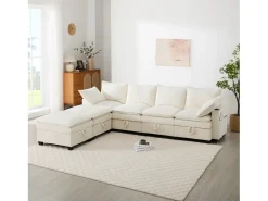 Sofá moderno - 4 plazas - Reposapiés extraíble - Puertos USB - Compartimentos de almacenamiento + Portavasos - Beige