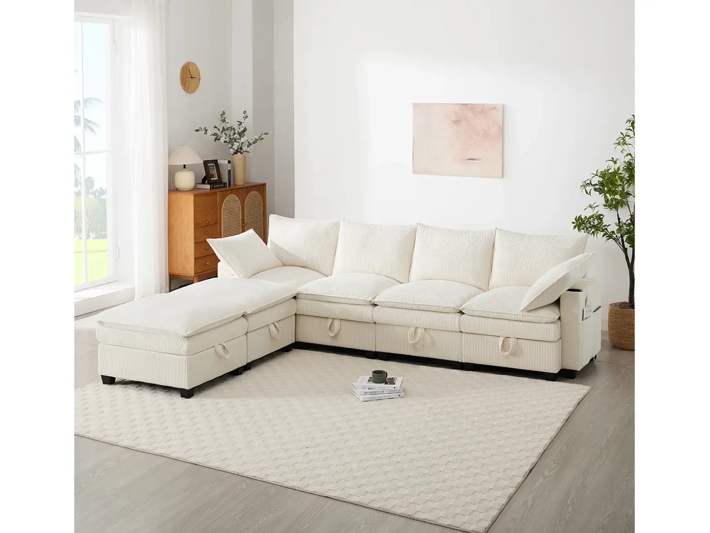 Sofá moderno - 4 plazas - Reposapiés extraíble - Puertos USB - Compartimentos de almacenamiento + Portavasos - Beige