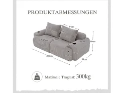 Sofá moderno de 2 plazas - 200 x 99 x 80 cm - con portavasos + bolsillo de almacenamiento - terciopelo - gris claro