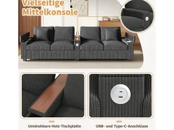 Sofá moderno de 4 plazas - 299 x 80 x 82,7 cm - con puerto USB, reposabrazos abatible y almacenamiento oculto - terciopelo - gris